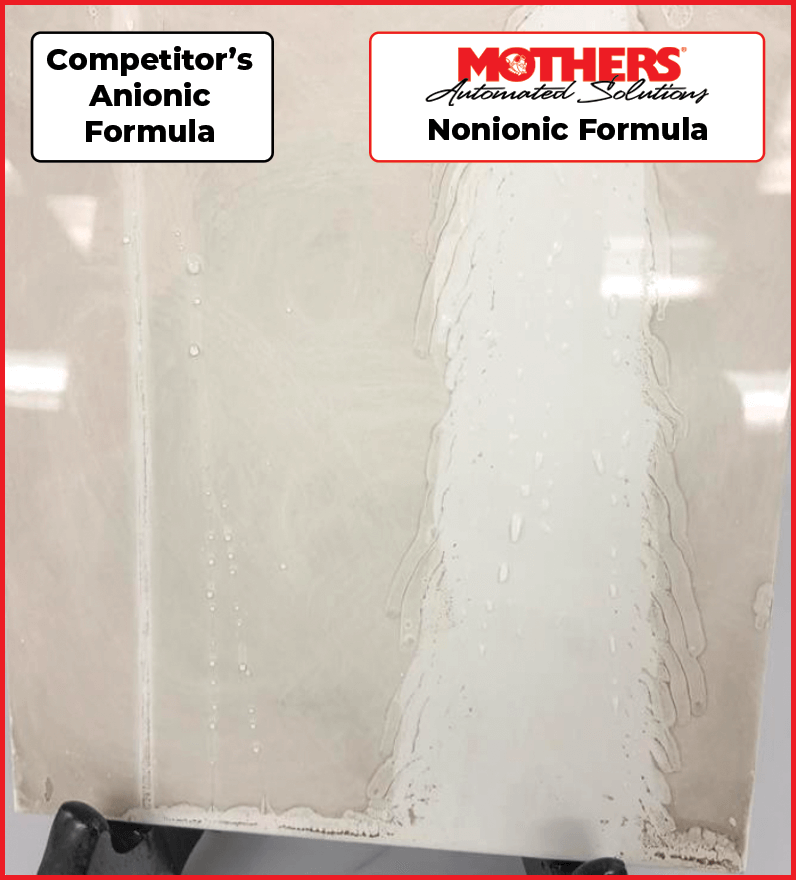 Demonstration of Mothers Automated Solutions™ Nonionic Formula at work compared to a competitors Anionic Formula. Nonionic Formula has significantly better results.